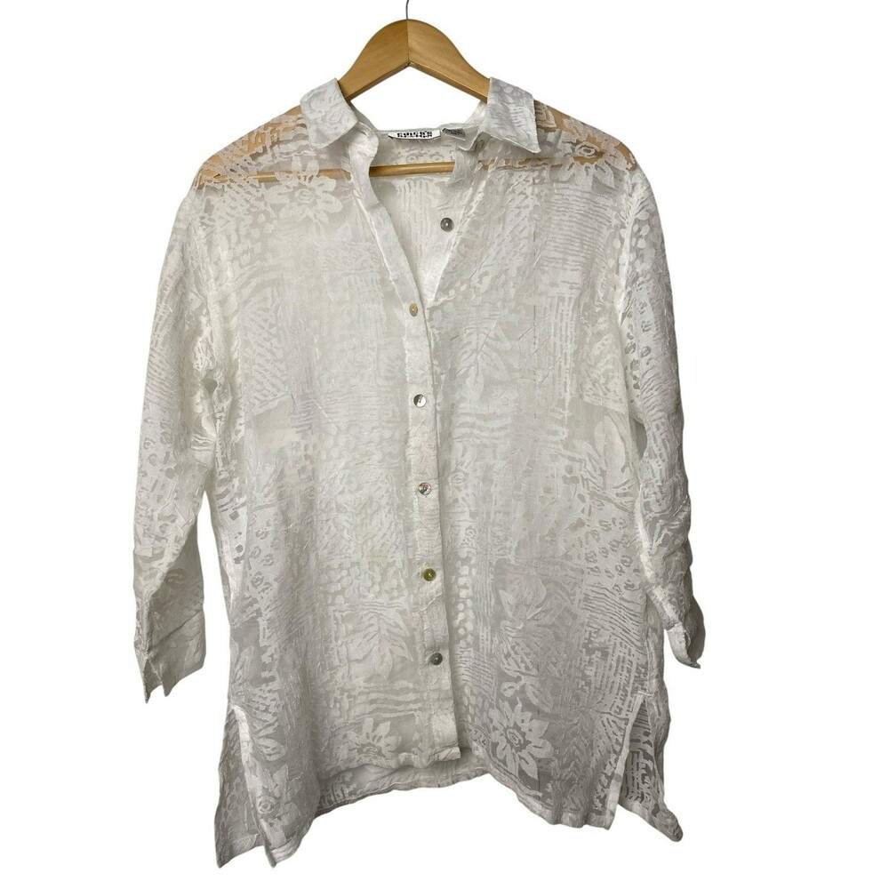 Chicos White Burnout Floral Tunic Linen Blend Sheer Cover Up Blouse Size 1 M